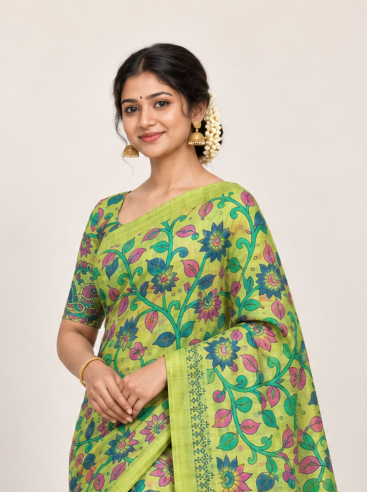 Green Floral & Yellow Printed Kota Silk Saree with Blue and Pink Motifs