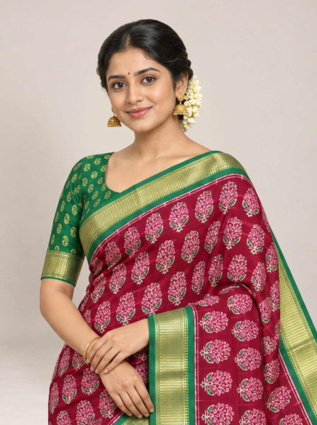 Maroon and Green Floral Block-Print Chanderi Silk Saree with Woven Zari Border