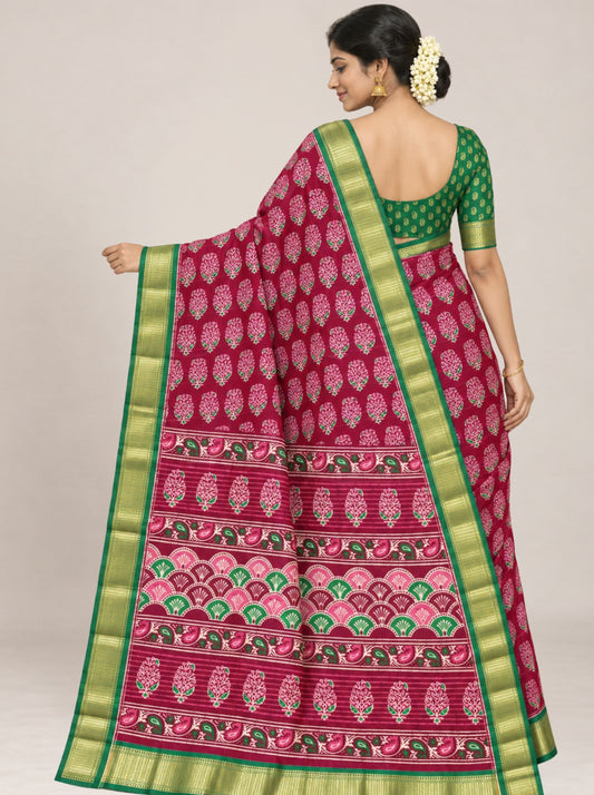Maroon and Green Floral Block-Print Chanderi Silk Saree with Woven Zari Border