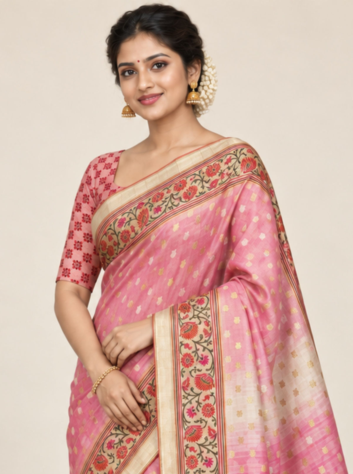 Pink and Cream Shaded Organza Silk Saree with Floral Zari Border