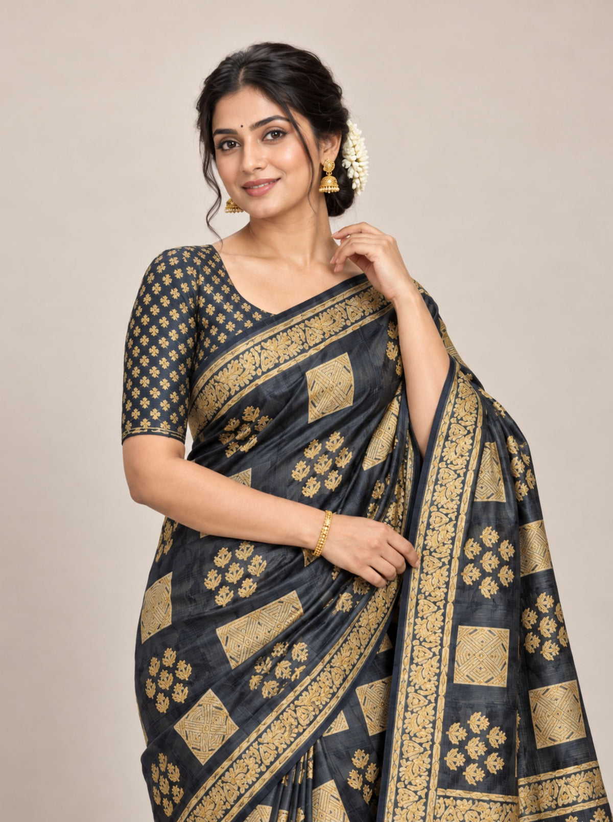 Black and Gold Geometric Print Chanderi Silk Saree with Checkered Border