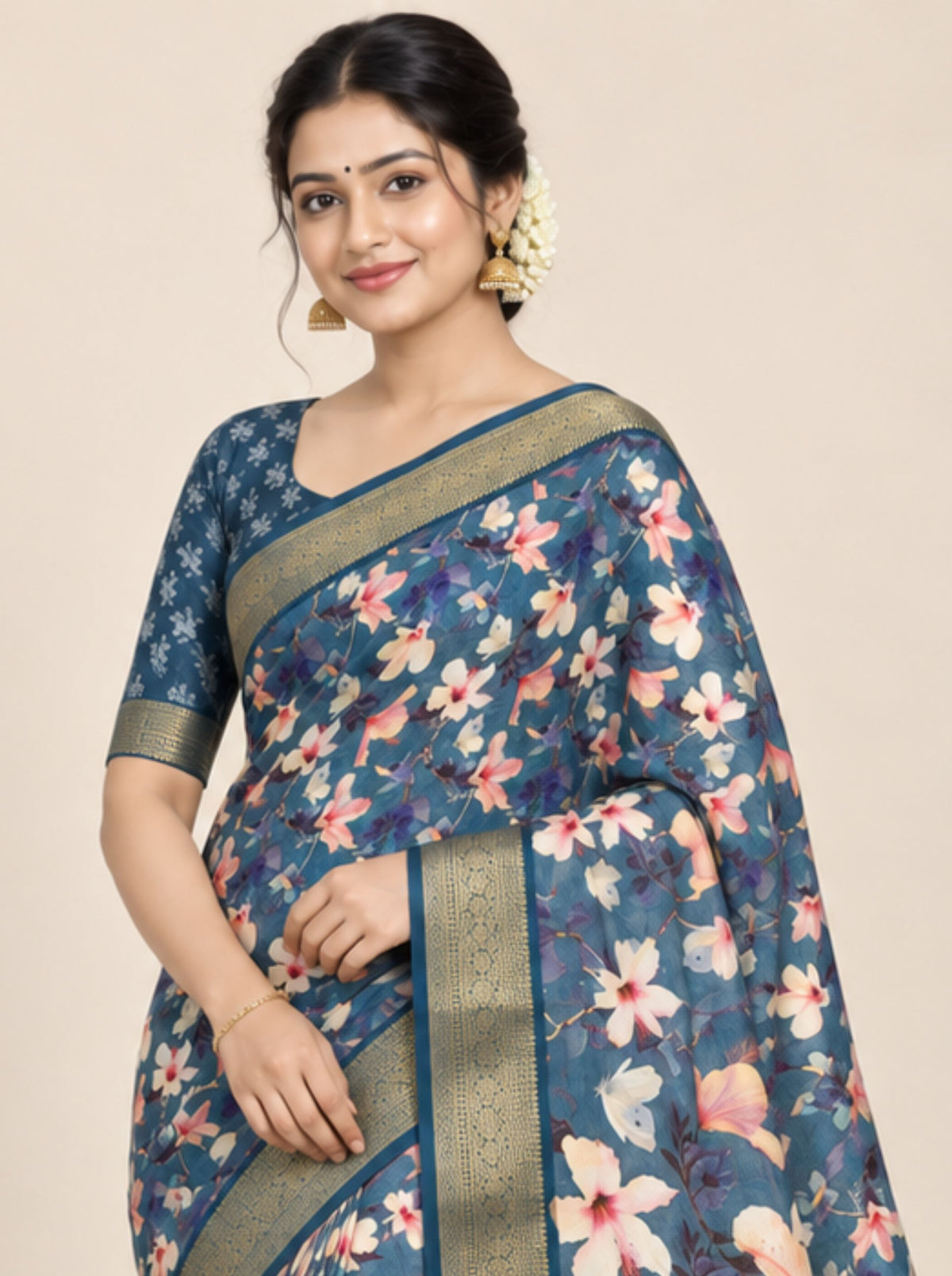 Blue and White Floral Print Chanderi Silk Saree with Woven Zari Border