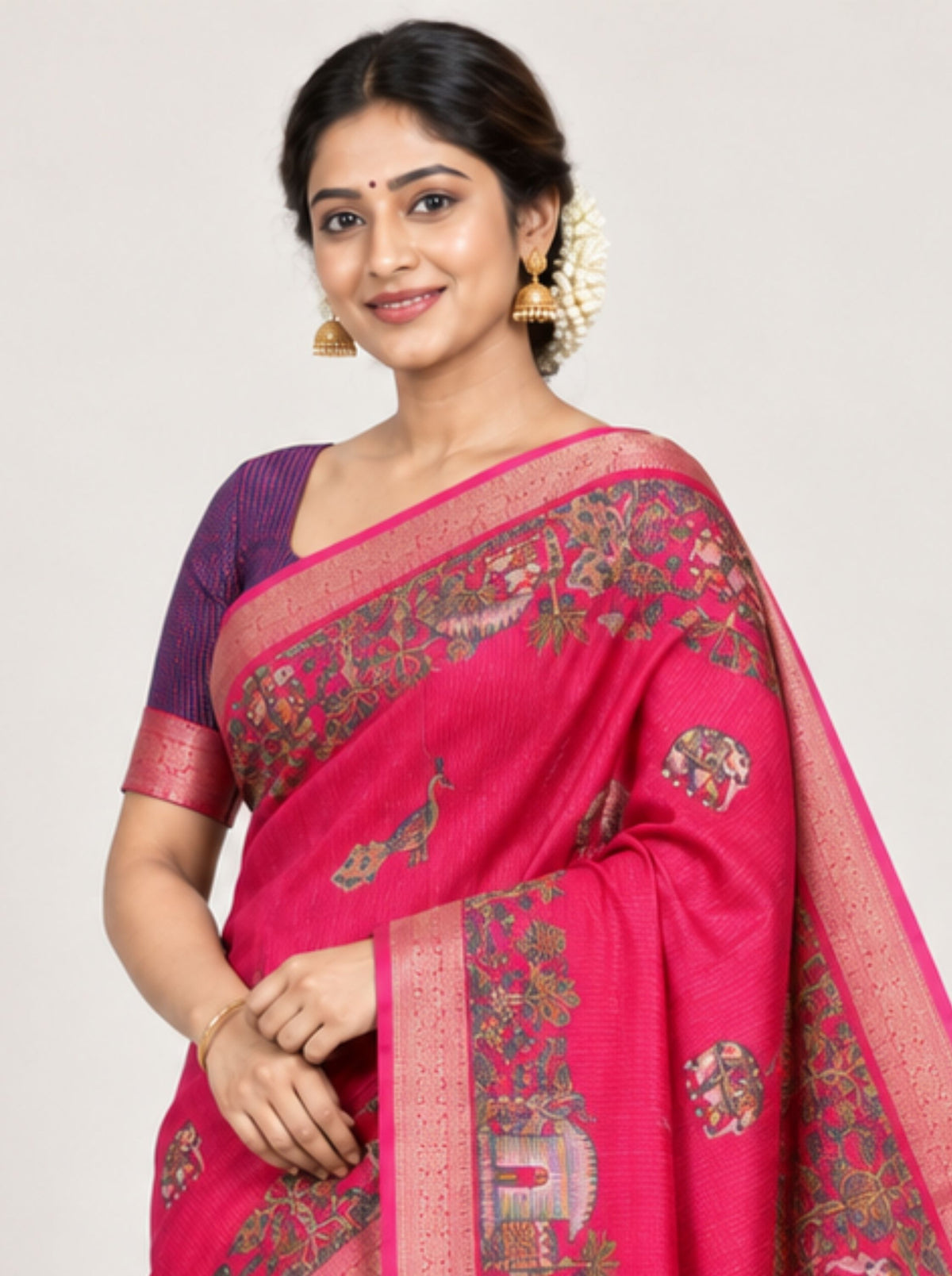 Red Peacock Printed Chanderi Silk Saree with Woven Zari Border