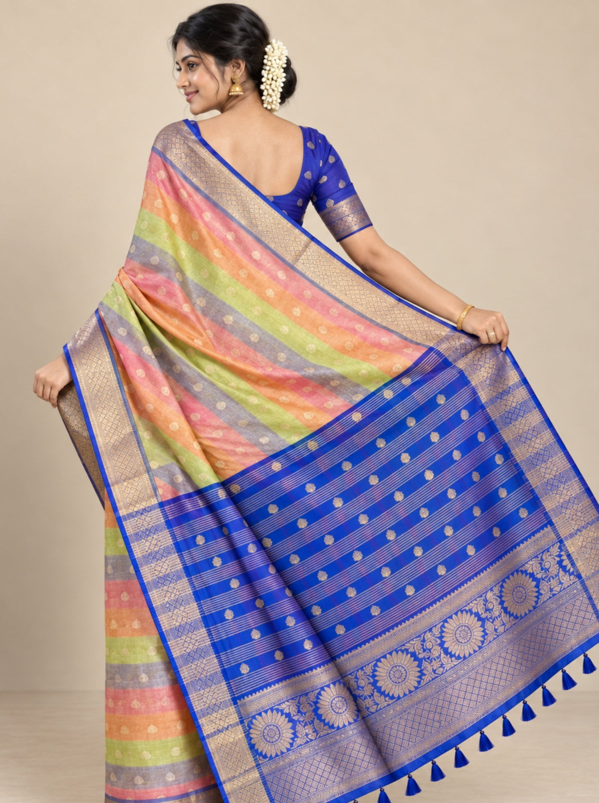 Multicolor Striped Tissue Georgette Saree with Gold Zari Brocade Border