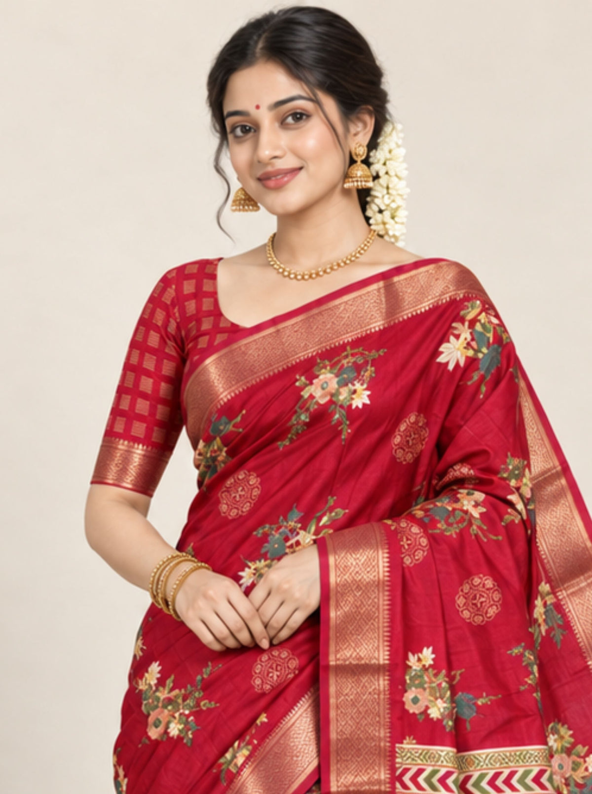 Maroon Floral and Mandala Print Chanderi Silk Saree with Woven Zari Border