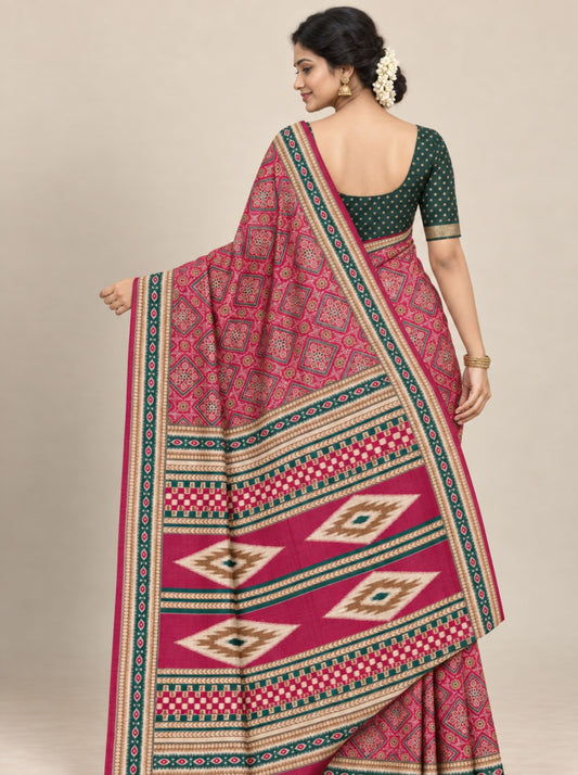 Maroon and Green Geometric Block-Print Maheshwari Cotton Saree