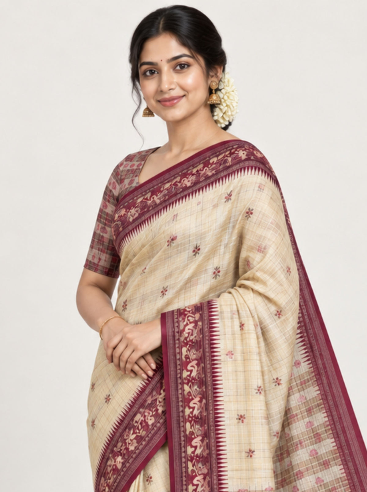Beige and Maroon Checkered Chanderi Silk Saree with Floral Motifs and Zari Border