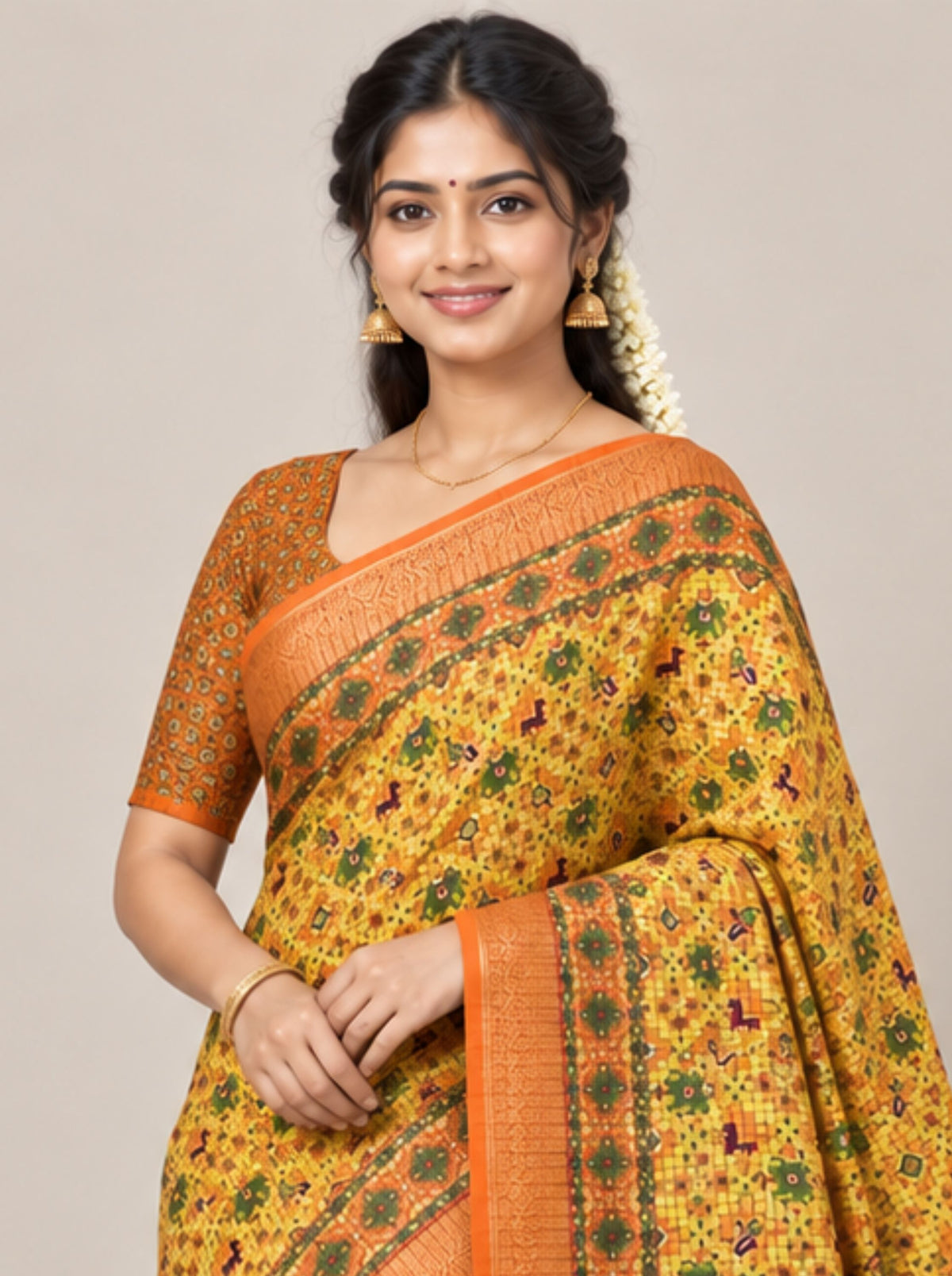 Yellow and Brown Checkered Chanderi Silk Saree with Animal Motifs and Zari Border