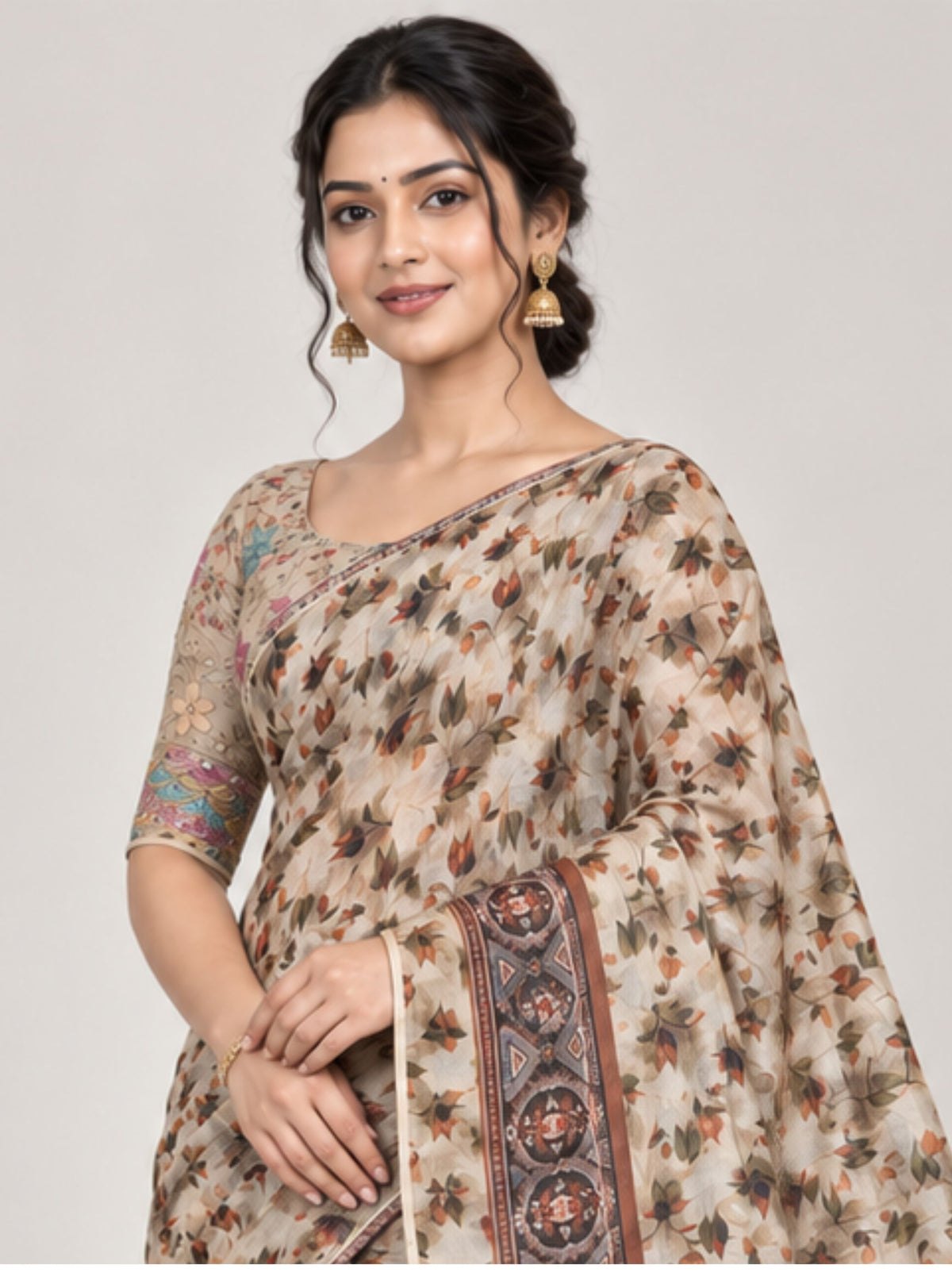 Beige and Olive Leaf Patterned Silk Saree
