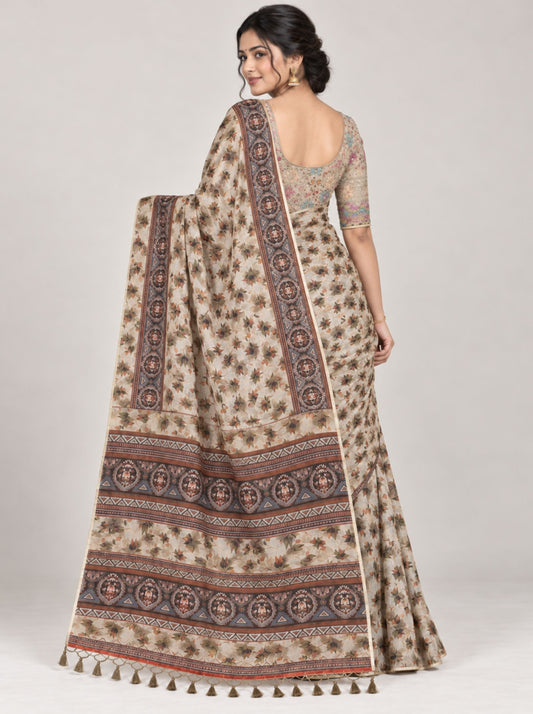 Beige and Olive Leaf Patterned Silk Saree