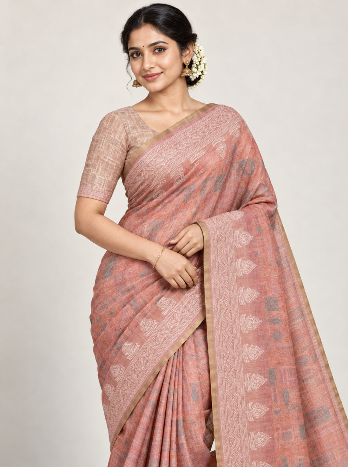 Peach Beige Digital Printed Tissue Organza Saree with Embroidered Border