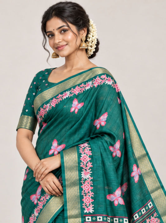 Green Hand-Painted Butterfly Chanderi Silk Saree with Zari Border