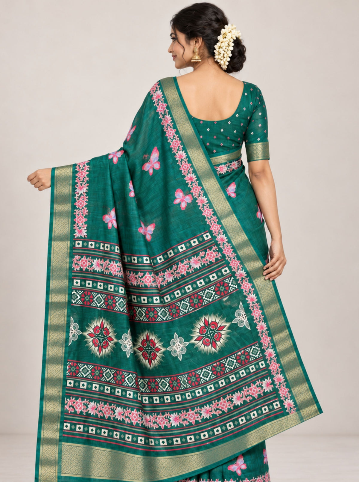 Green Hand-Painted Butterfly Chanderi Silk Saree with Zari Border