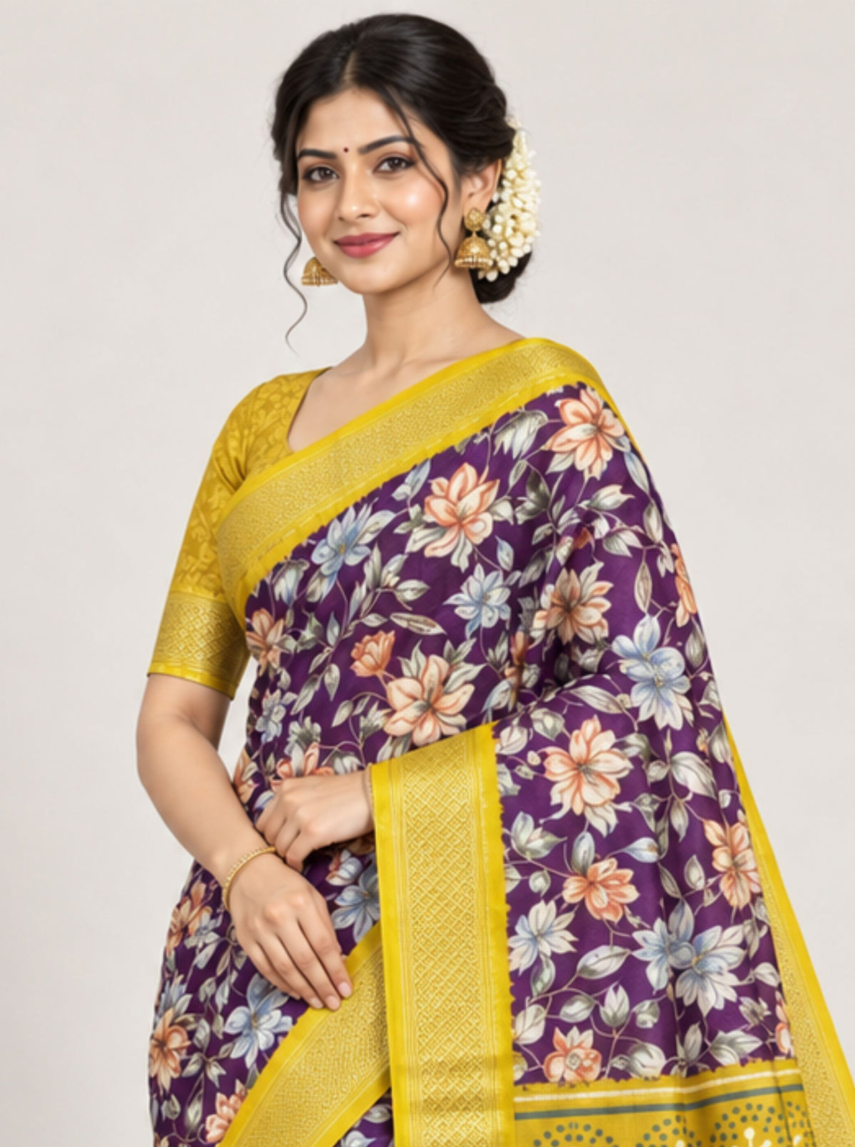 Royal Purple & Yellow Floral Chanderi Silk Saree with Rich Zari Border