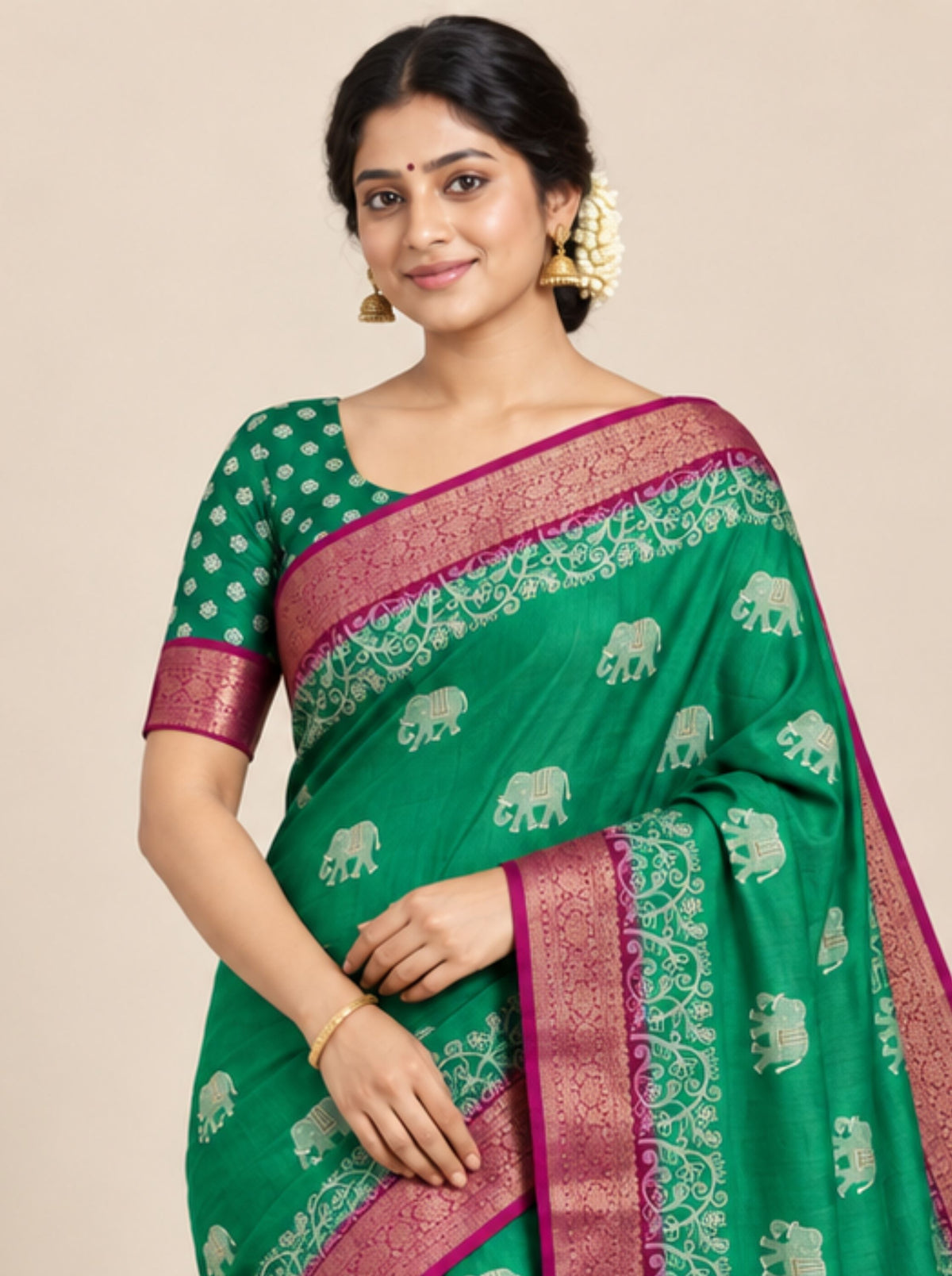 Green and Maroon Elephant Motifs Chanderi Silk Saree with Woven Zari Border