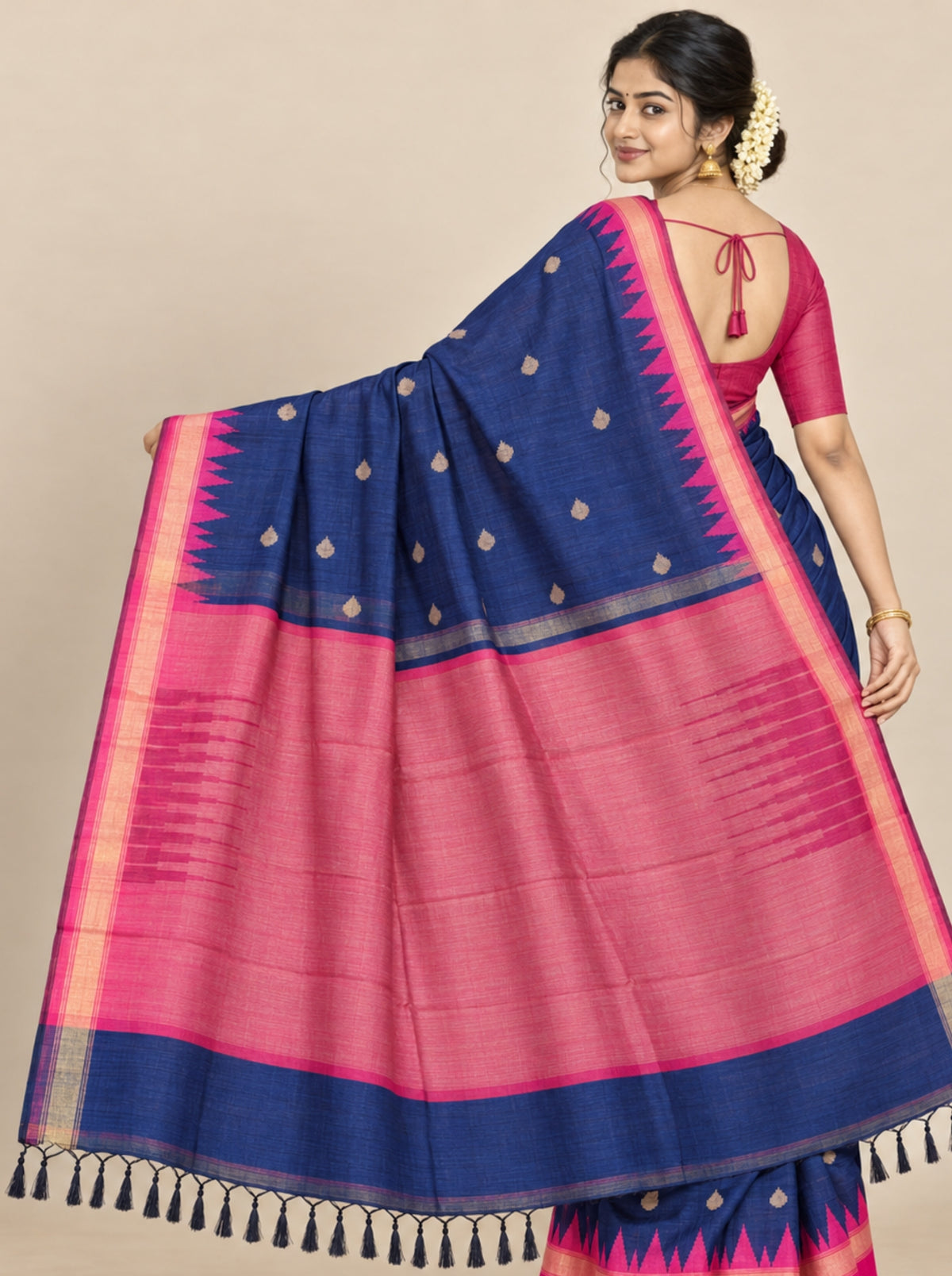 Navy Blue Silk Saree with Pink Temple Border and Gold Zari Motifs