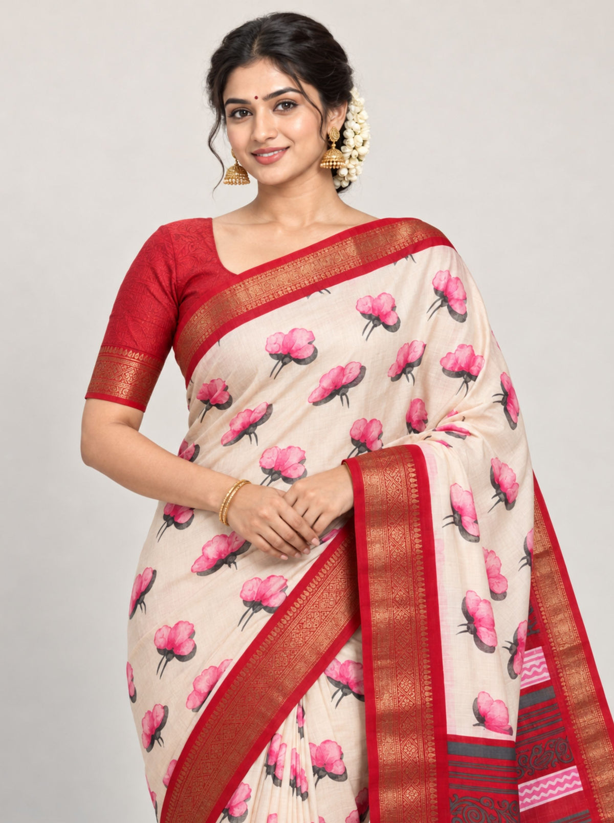 Pink and Red Floral Print Dola Silk Saree with Woven Zari Border