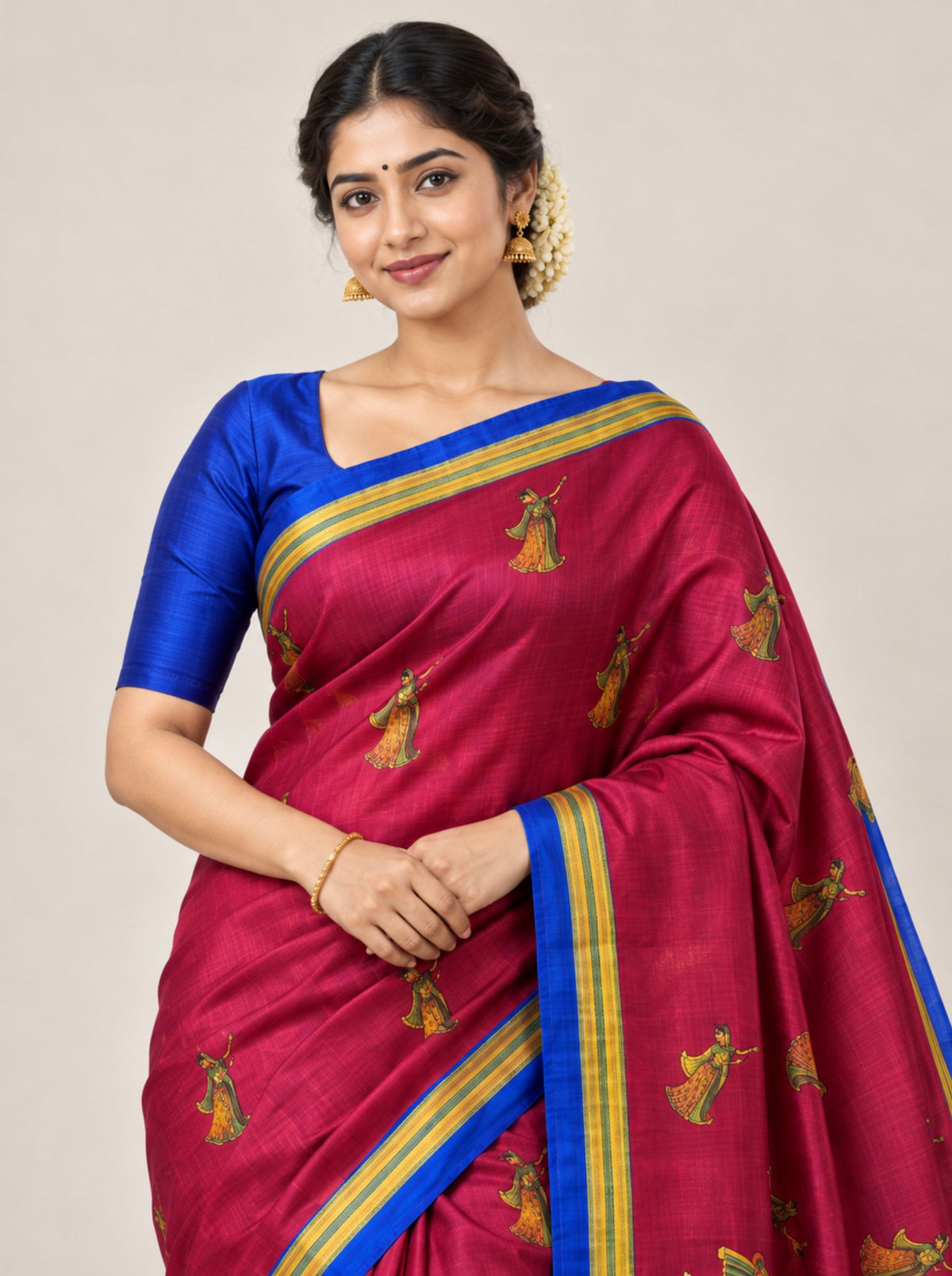 Maroon and Blue Traditional Figure Print Chanderi Silk Saree with Striped Border