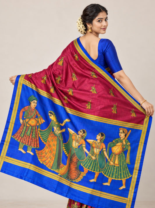 Maroon and Blue Traditional Figure Print Chanderi Silk Saree with Striped Border