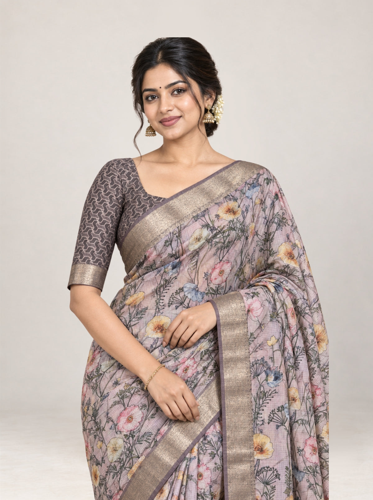 Dusty Mauve Digital Floral silk kota Organza Saree