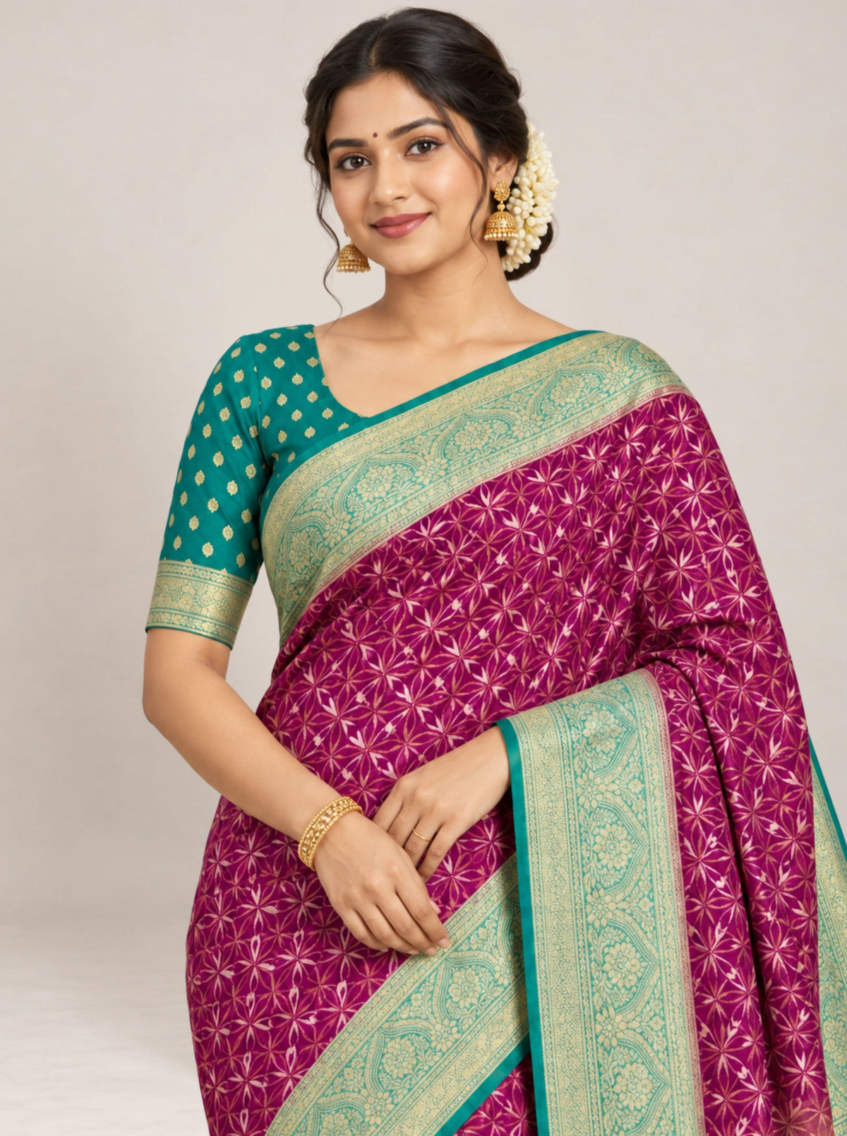 Magenta and Green Floral Print Banarasi Georgette Silk Saree with Woven Zari Border