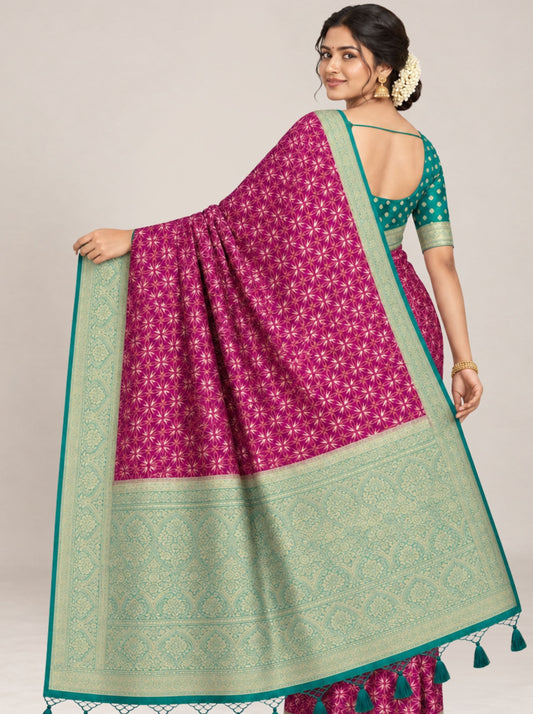 Magenta and Green Floral Print Banarasi Georgette Silk Saree with Woven Zari Border