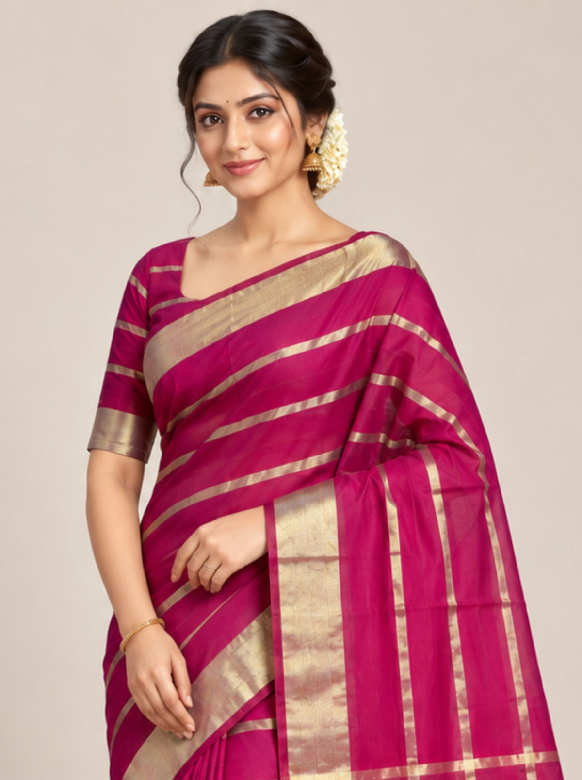 Magenta Organza Silk Saree with Broad Zari Striped Border