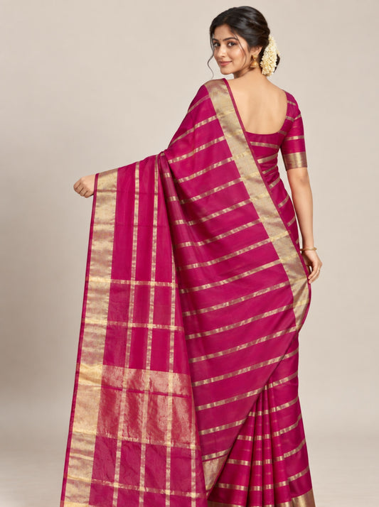 Magenta Organza Silk Saree with Broad Zari Striped Border