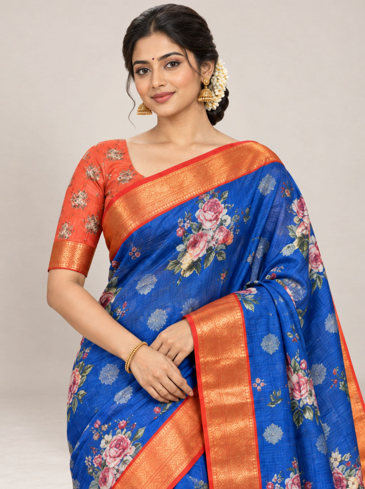 Blue and Brown Floral Print Kota Silk Saree with Woven Zari Border