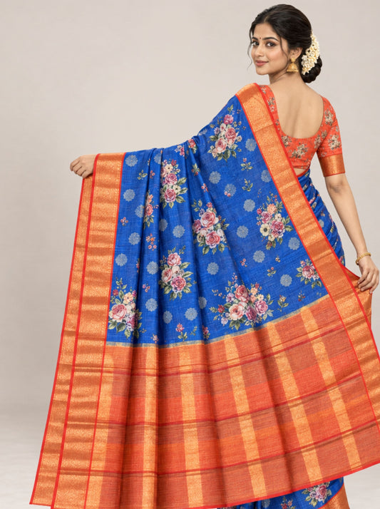 Blue and Brown Floral Print Kota Silk Saree with Woven Zari Border