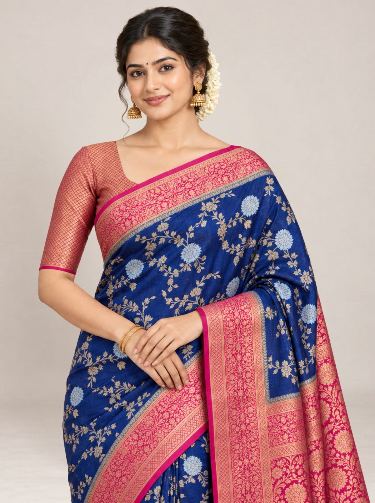 Navy Blue and Red Floral Brocade Banarasi Silk Saree with Woven Zari Border