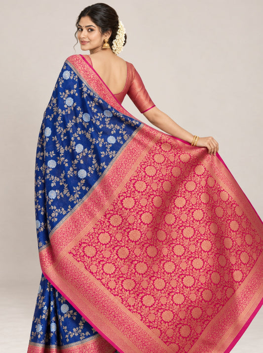 Navy Blue and Red Floral Brocade Banarasi Silk Saree with Woven Zari Border