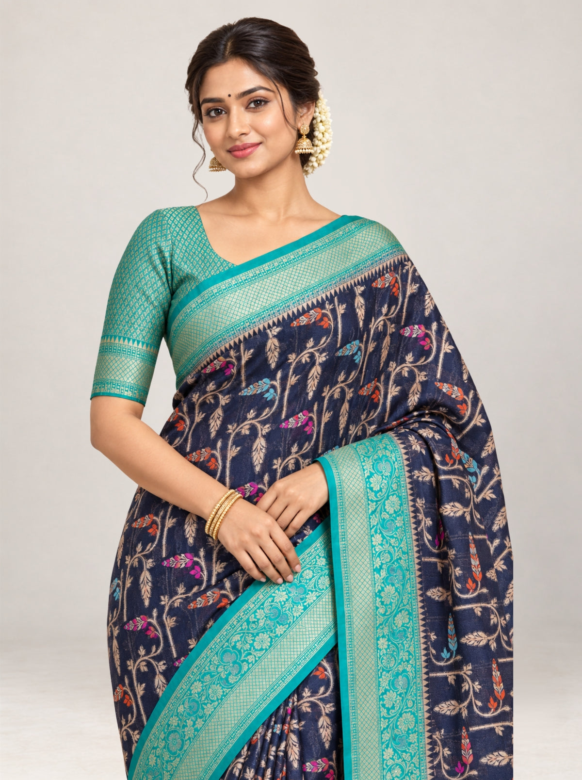 Navy Blue & Turquoise Banarasi Georgette Saree