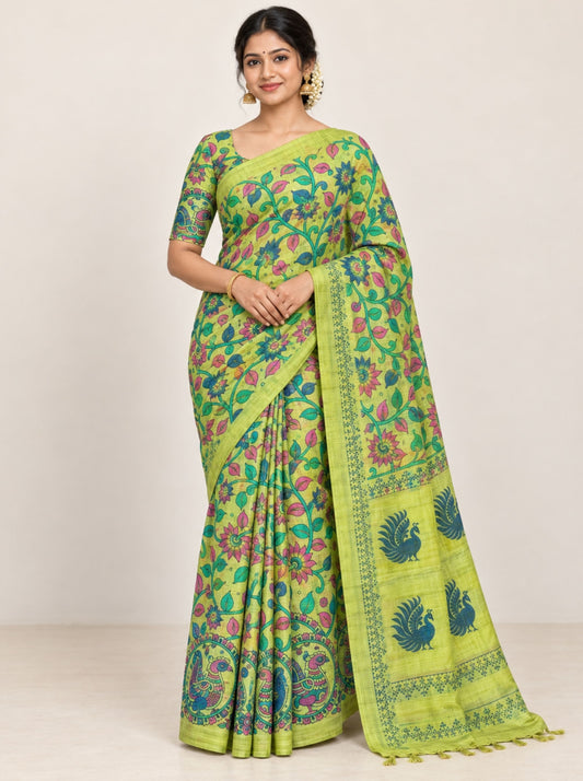 Green Floral & Yellow Printed Kota Silk Saree with Blue and Pink Motifs