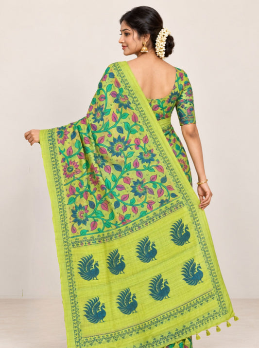 Green Floral & Yellow Printed Kota Silk Saree with Blue and Pink Motifs