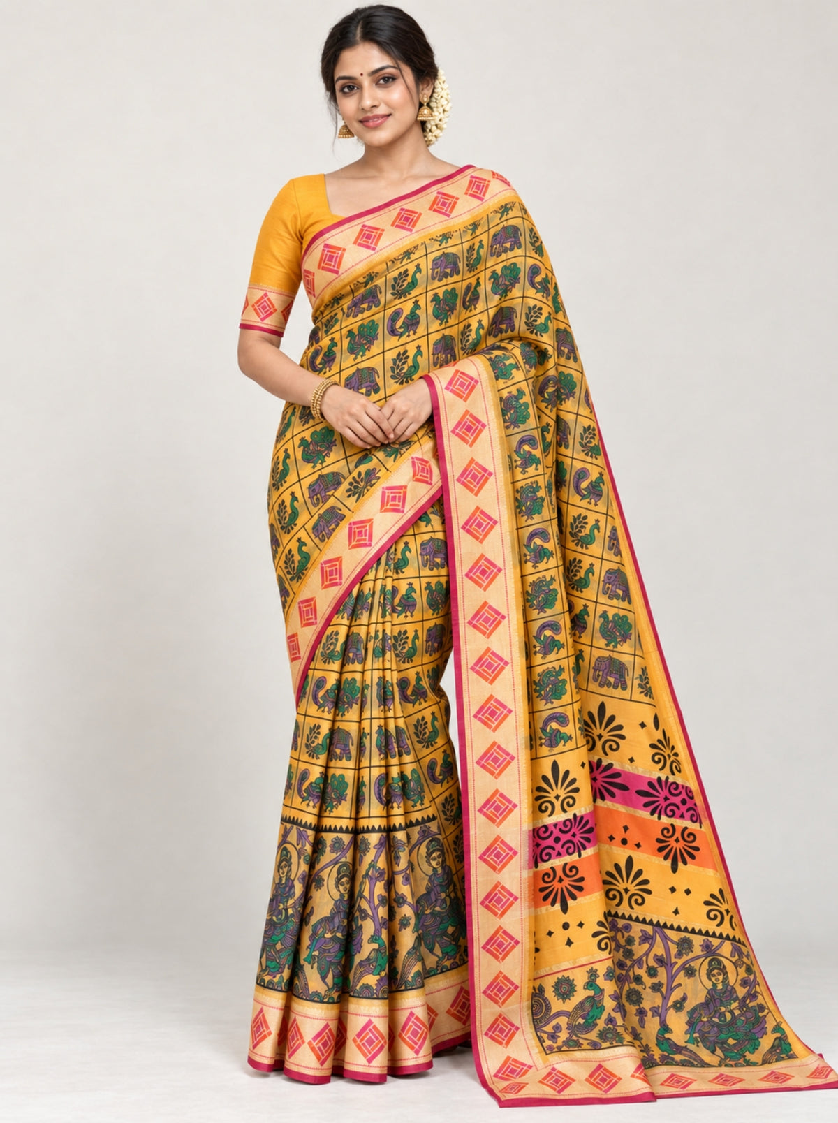 Yellow Kalamkari Printed Silk Saree with Lord Krishna & Peacock Art