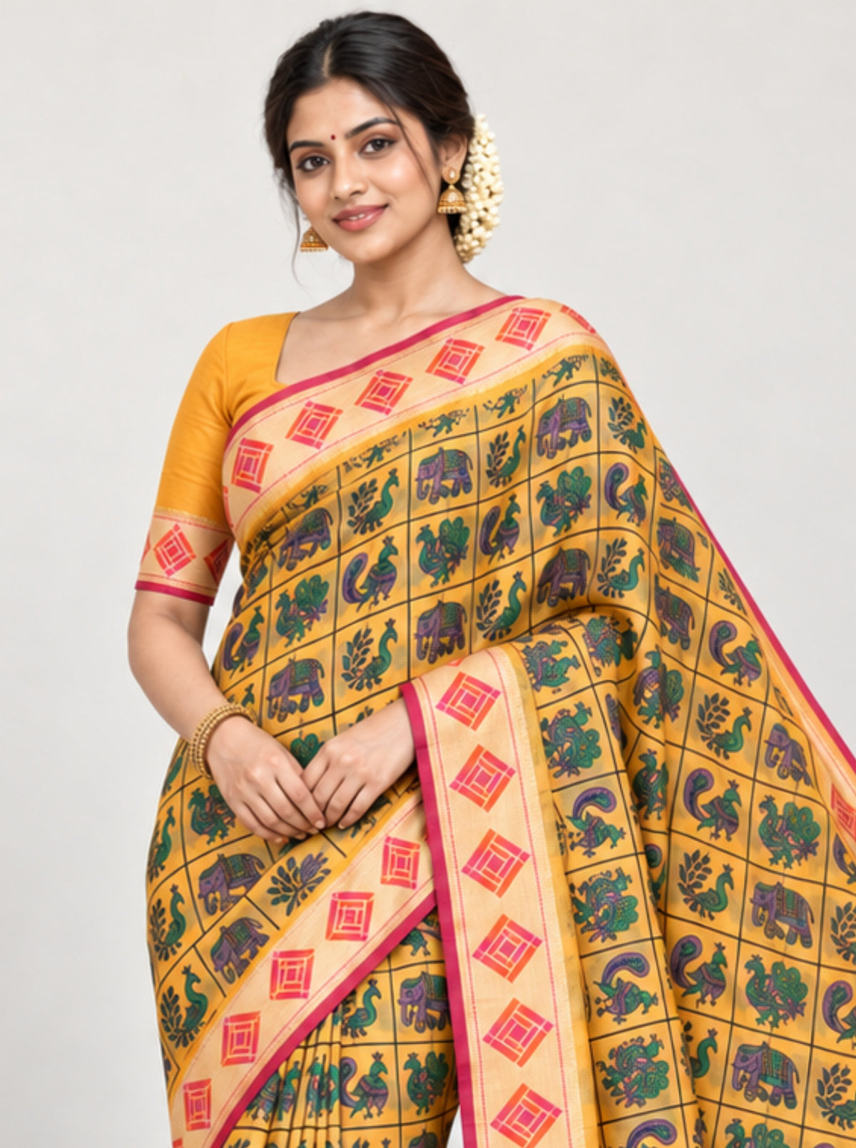 Yellow Kalamkari Printed Silk Saree with Lord Krishna & Peacock Art