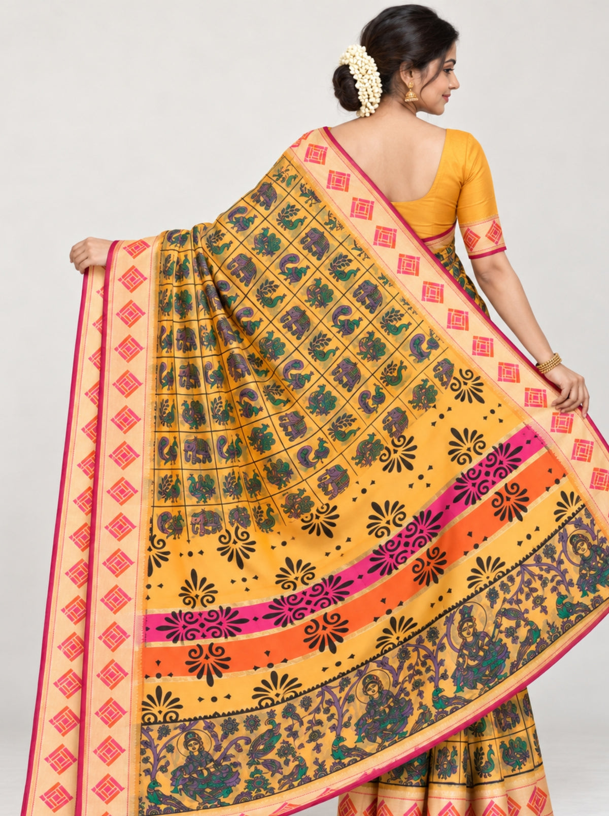 Yellow Kalamkari Printed Silk Saree with Lord Krishna & Peacock Art
