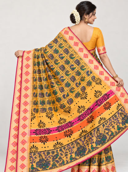 Yellow Kalamkari Printed Silk Saree with Lord Krishna & Peacock Art