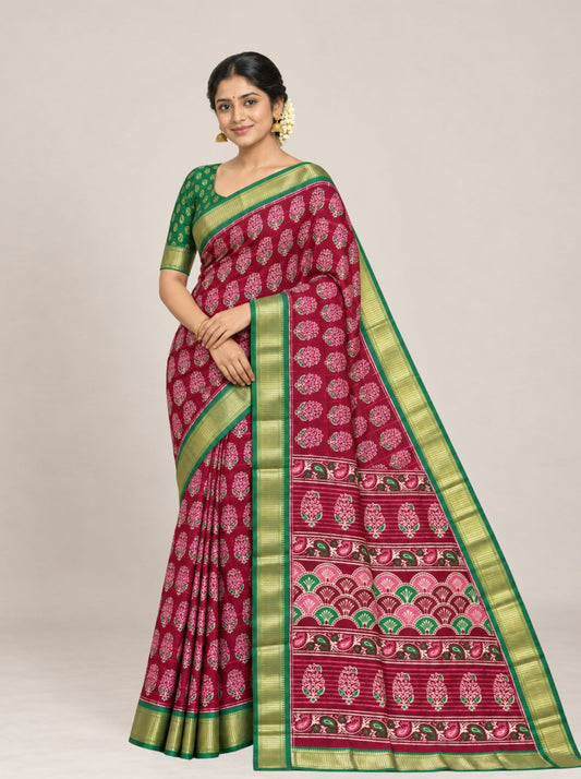 Maroon and Green Floral Block-Print Chanderi Silk Saree with Woven Zari Border