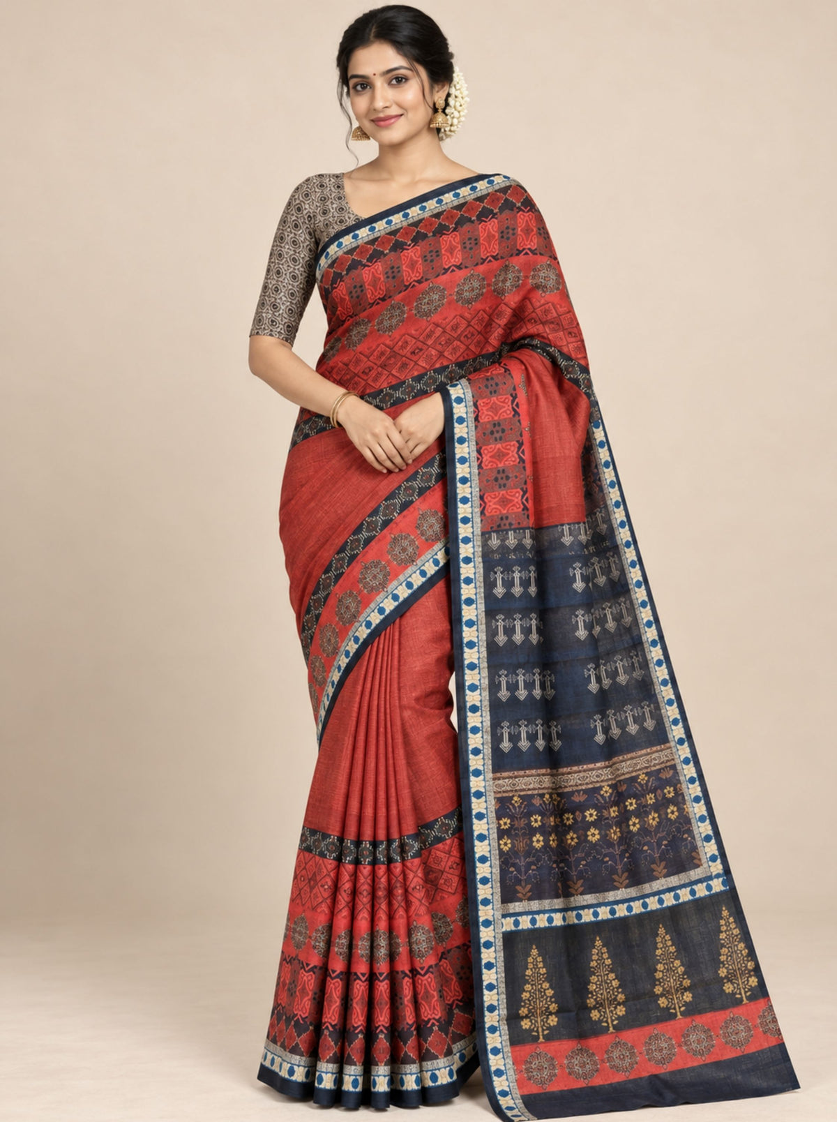 Rust and Black Geometric Print Chanderi Silk Saree with Patterned Border