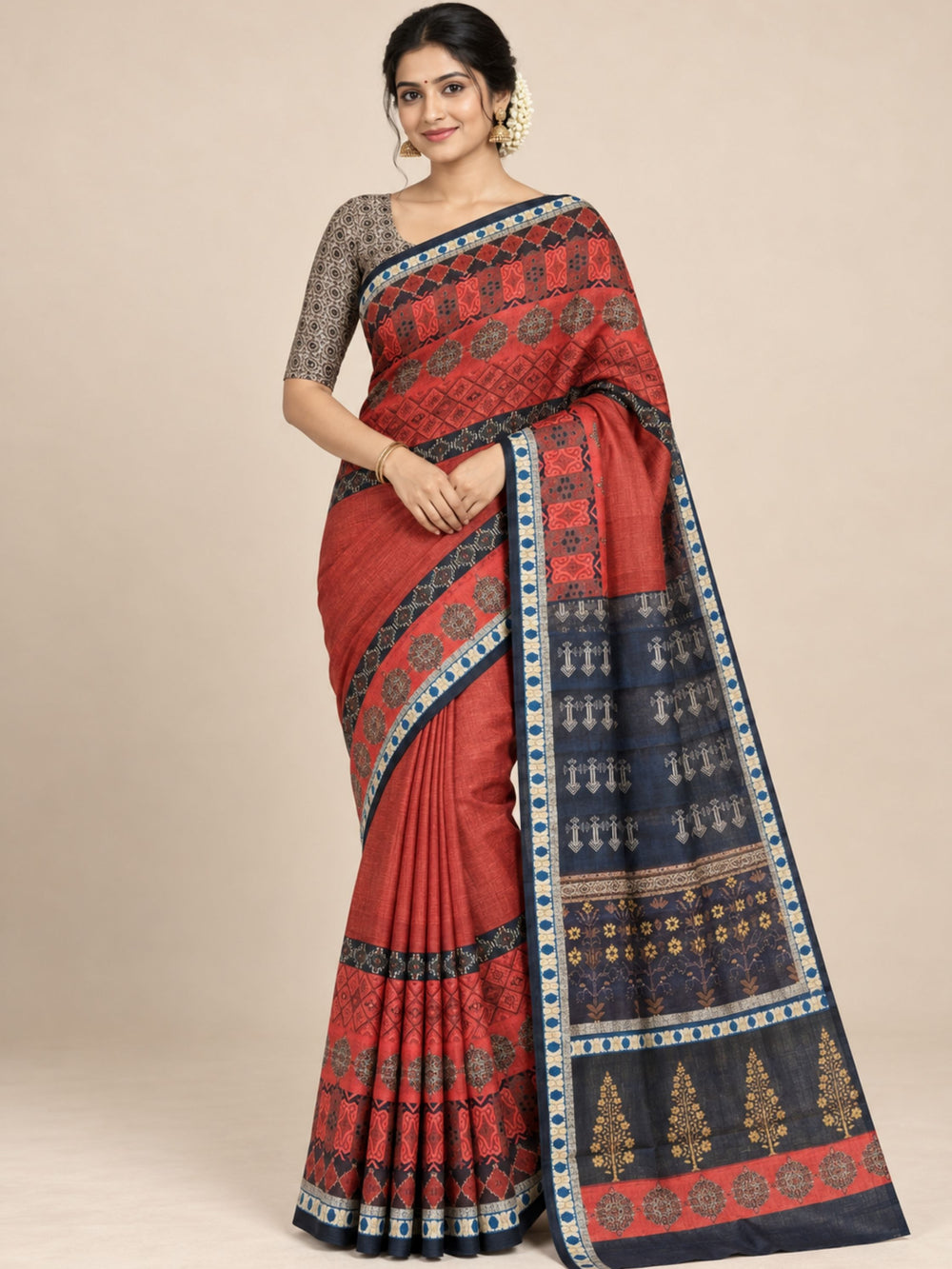 Rust and Black Geometric Print Chanderi Silk Saree with Patterned Border