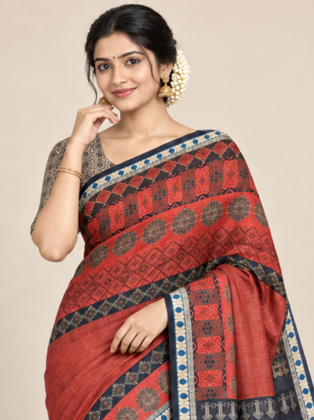 Rust and Black Geometric Print Chanderi Silk Saree with Patterned Border