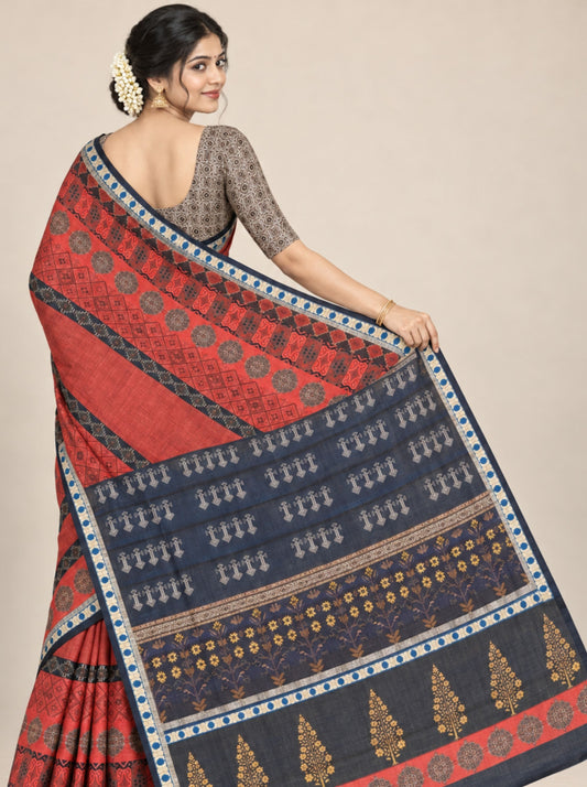 Rust and Black Geometric Print Chanderi Silk Saree with Patterned Border