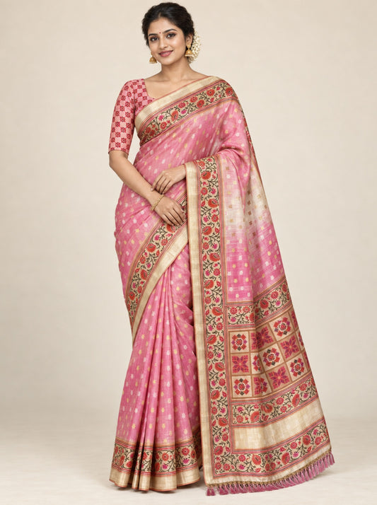 Pink and Cream Shaded Organza Silk Saree with Floral Zari Border