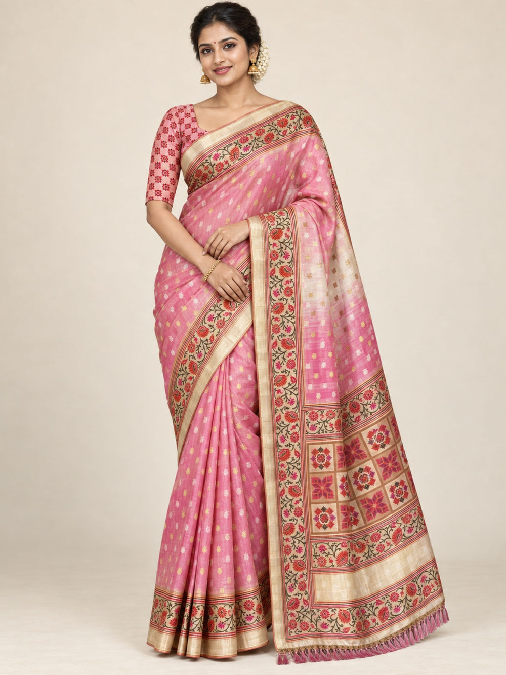 Pink and Cream Shaded Organza Silk Saree with Floral Zari Border