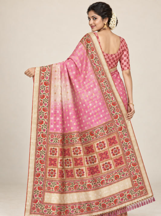 Pink and Cream Shaded Organza Silk Saree with Floral Zari Border