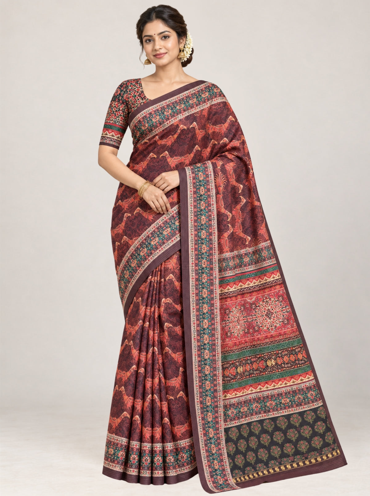 Brown Kalamkari Silk Saree with Bird Motifs & Multi-Color Floral Border