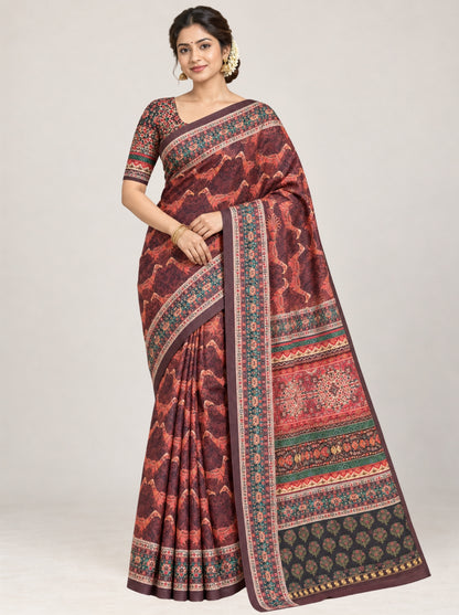 Brown Kalamkari Silk Saree with Bird Motifs & Multi-Color Floral Border