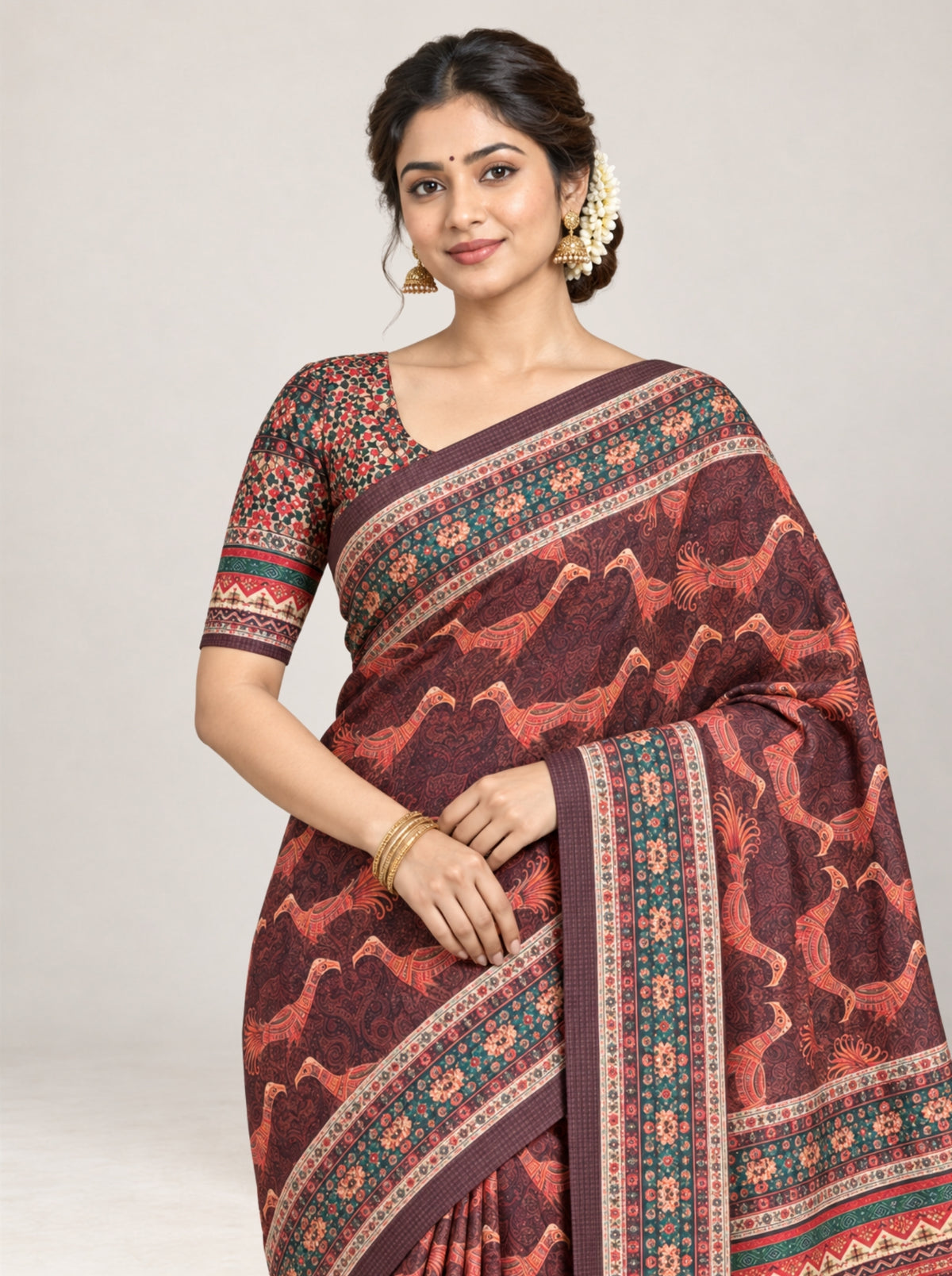 Brown Kalamkari Silk Saree with Bird Motifs & Multi-Color Floral Border